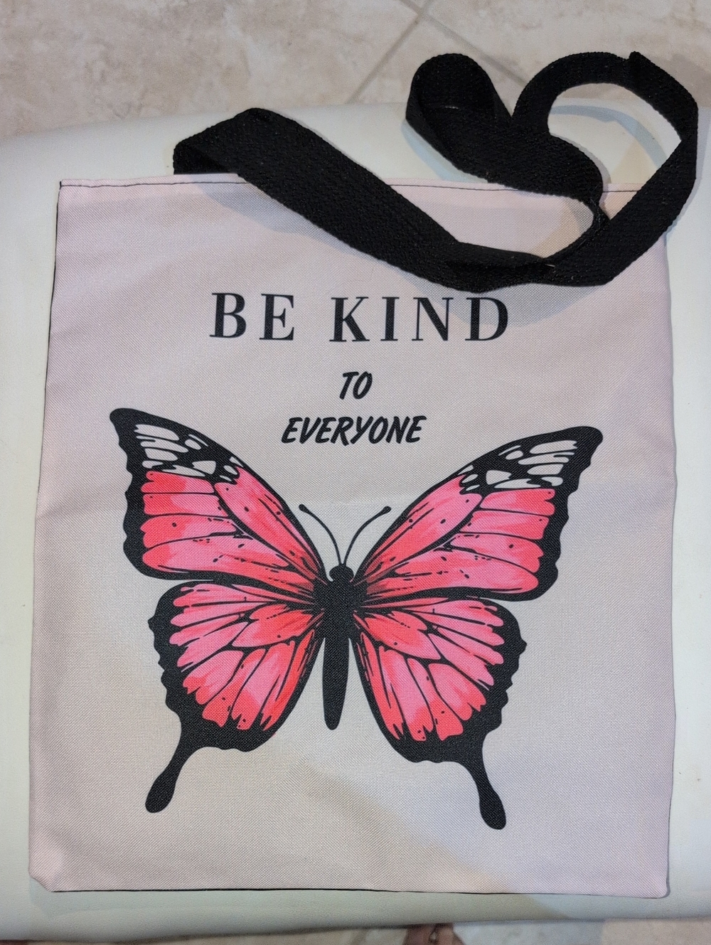 Be Kind Pink Butterfly Tote Bag with Black Strap